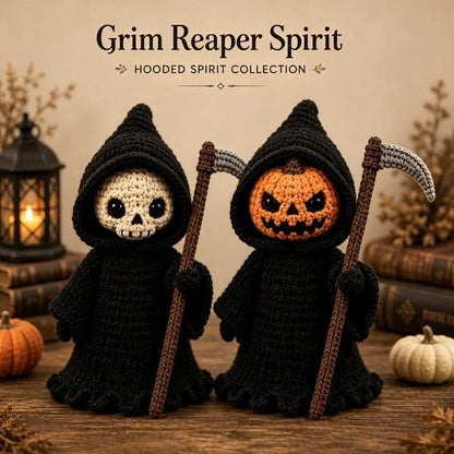 Grim Reaper Crochet Doll with Removable Skull or Pumpkin Head, Hooded Halloween Amigurumi, Gothic Spooky Decor
