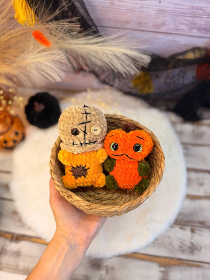 Halloween Crochet Decor, Pumpkin and Scarecrow, Fall Amigurumi Figure Set