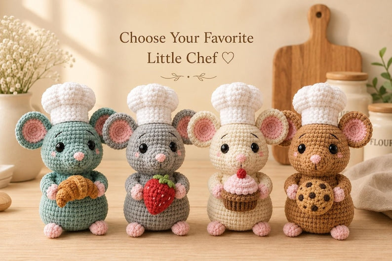 Crochet Chef Mouse, Handmade Amigurumi Mouse, Cute Kitchen Decor, Bakery Gift, Little Chef Doll, Mouse Lover Gift, Crochet Food Plush