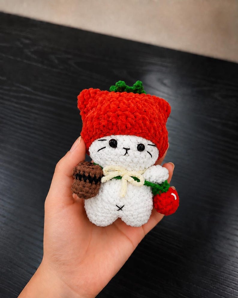 Crochet Cat Plush, Handmade Amigurumi Kitty with Strawberry Hat, Pudding Cat, Cat Keychain, Cute Gift for Her