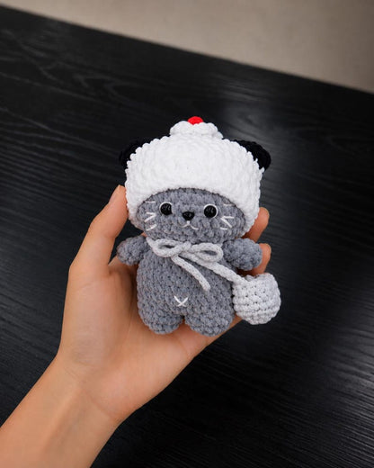 Crochet Cat Plush, Handmade Amigurumi Kitty with Strawberry Hat, Pudding Cat, Cat Keychain, Cute Gift for Her