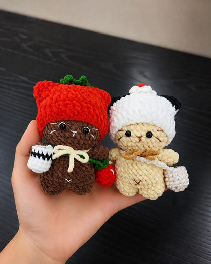 Crochet Cat Plush, Handmade Amigurumi Kitty with Strawberry Hat, Pudding Cat, Cat Keychain, Cute Gift for Her