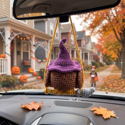 Halloween Crochet Owl Car Charm | Witch Hat Amigurumi Rear View Mirror Hanging | Handmade Spooky Car Accessory Gift