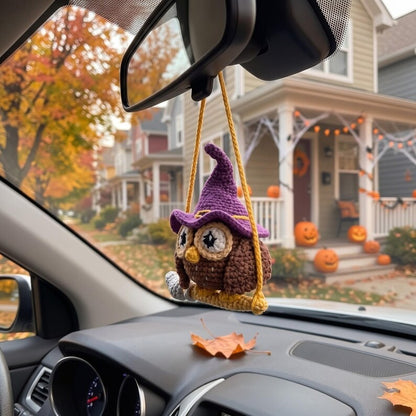 Halloween Crochet Owl Car Charm | Witch Hat Amigurumi Rear View Mirror Hanging | Handmade Spooky Car Accessory Gift