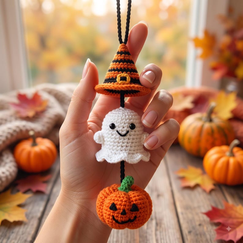 Halloween Car Charm Set | Crochet Rearview Mirror Hanging Ornament | Witch Hat Ghost Pumpkin Amigurumi Accessory
