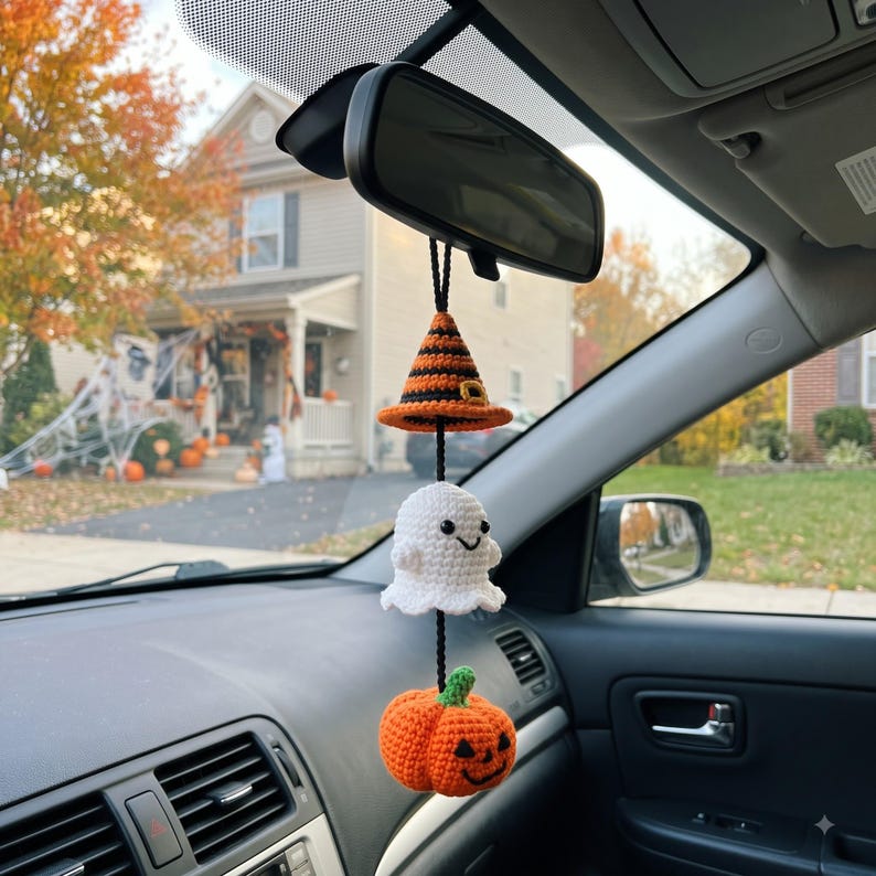 Halloween Car Charm Set | Crochet Rearview Mirror Hanging Ornament | Witch Hat Ghost Pumpkin Amigurumi Accessory