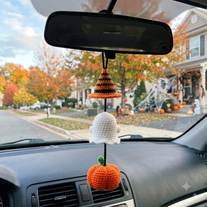 Halloween Car Charm Set | Crochet Rearview Mirror Hanging Ornament | Witch Hat Ghost Pumpkin Amigurumi Accessory