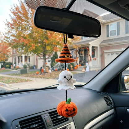 Halloween Car Charm Set | Crochet Rearview Mirror Hanging Ornament | Witch Hat Ghost Pumpkin Amigurumi Accessory