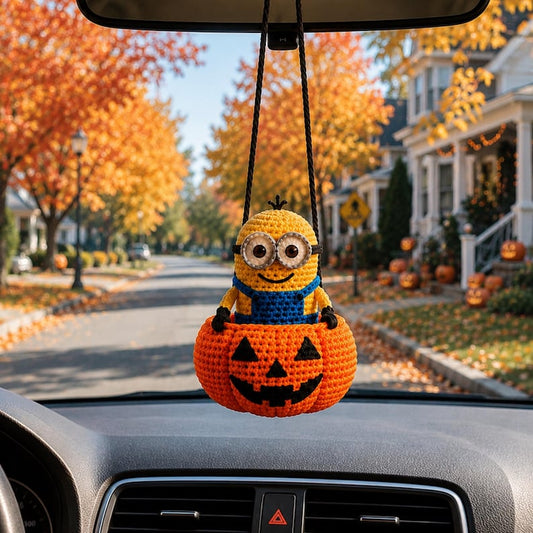 Crochet Halloween Car Hanging Minio, Cute Yellow Character Pumpkin Ornament, Handmade Rearview Mirror Charm, Fall Car Decor, Halloween Gift