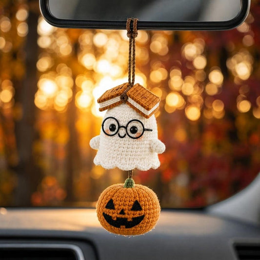 Crochet Halloween Car Charm, Ghost Pumpkin Rearview Mirror Hanger, Cute Spooky Car Decor, Fall Amigurumi Hanging Ornament, Halloween Gift