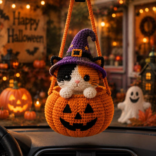 Pumpkin & Black Cat Rearview Mirror Charm,Halloween Crochet Car Hanging, Cute Spooky Car Decor, Handmade Halloween Ornament