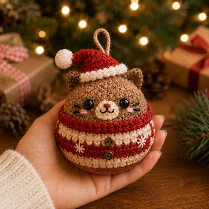 Crochet Christmas Cat Ornament, Handmade Kitty Tree Decor, Cute Cat Bauble, Holiday Cat Lover Gift, Christmas Tree Ornament