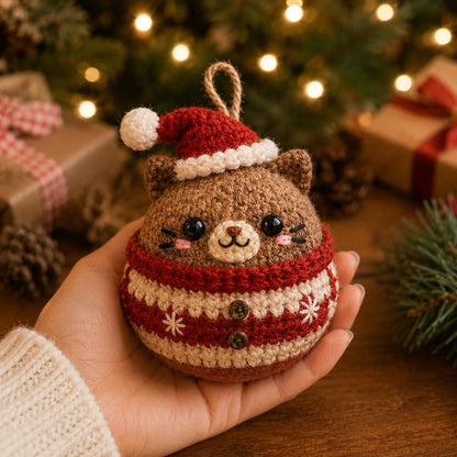 Crochet Christmas Cat Ornament, Handmade Kitty Tree Decor, Cute Cat Bauble, Holiday Cat Lover Gift, Christmas Tree Ornament