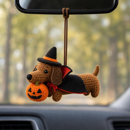 Crochet Dachshund Car Charm, Halloween Wiener Dog Rearview Mirror Hanger, Dracula Dog Pumpkin Ornament, Spooky Car Decor, Dog Lover Gift