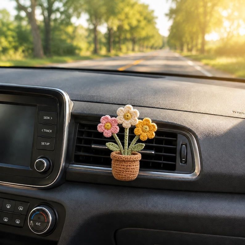 Crochet Car Vent Clip, Cute Car Accessories, Flower Pot, Daisy, Monkey or Cloud Rainbow, Handmade Car Interior Decor, New Driver Gift