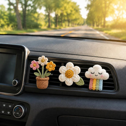 Crochet Car Vent Clip, Cute Car Accessories, Flower Pot, Daisy, Monkey or Cloud Rainbow, Handmade Car Interior Decor, New Driver Gift