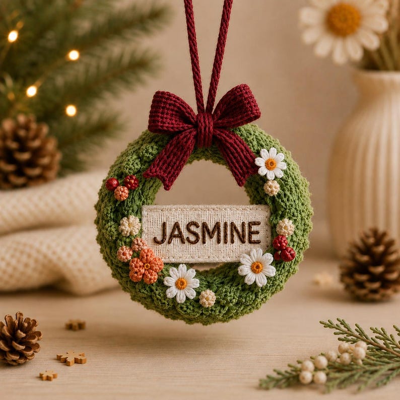 Personalized Crochet Christmas Wreath Ornament, Custom Name Embroidered Ornament, Handmade Christmas Tree Decoration, Family Keepsake Gift