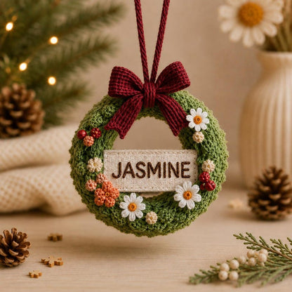 Personalized Crochet Christmas Wreath Ornament, Custom Name Embroidered Ornament, Handmade Christmas Tree Decoration, Family Keepsake Gift