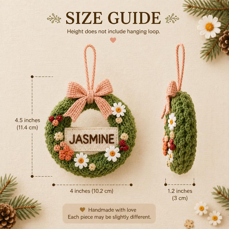 Personalized Crochet Christmas Wreath Ornament, Custom Name Embroidered Ornament, Handmade Christmas Tree Decoration, Family Keepsake Gift