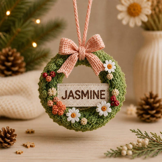 Personalized Crochet Christmas Wreath Ornament, Custom Name Embroidered Ornament, Handmade Christmas Tree Decoration, Family Keepsake Gift