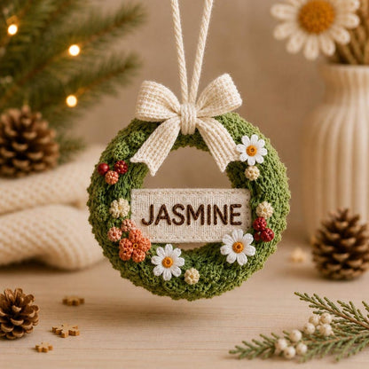 Personalized Crochet Christmas Wreath Ornament, Custom Name Embroidered Ornament, Handmade Christmas Tree Decoration, Family Keepsake Gift