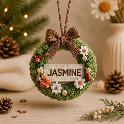 Personalized Crochet Christmas Wreath Ornament, Custom Name Embroidered Ornament, Handmade Christmas Tree Decoration, Family Keepsake Gift