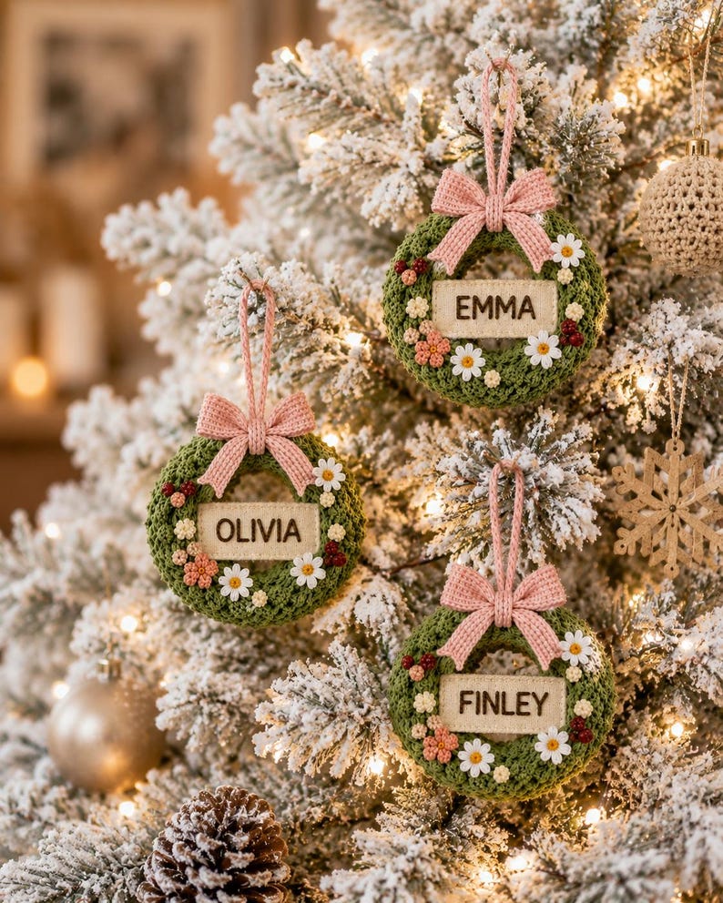 Personalized Crochet Christmas Wreath Ornament, Custom Name Embroidered Ornament, Handmade Christmas Tree Decoration, Family Keepsake Gift