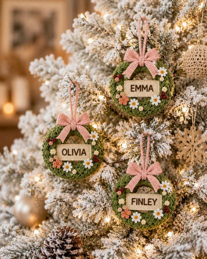 Personalized Crochet Christmas Wreath Ornament, Custom Name Embroidered Ornament, Handmade Christmas Tree Decoration, Family Keepsake Gift