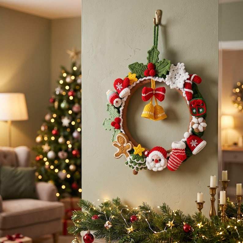 Crochet Christmas Wreath, Santa Wreath, Handmade Xmas Gift, Front Door Christmas Decor, Holiday Crochet Door Hanging, Festive Decoration