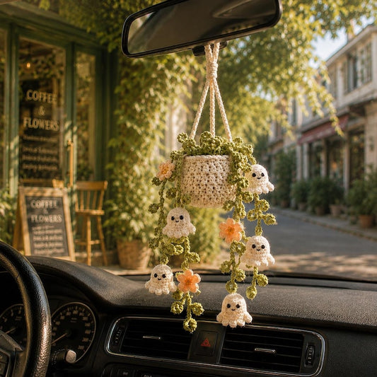 Crochet Halloween Ghost Plant Car Charm, Spooky Cute Car Mirror Hanging, Halloween Car Decor, Handmade Plant Car Accessory, Plant Lover Gift