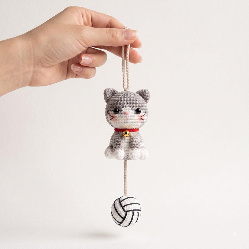 Handmade Crochet Cat Rearview Mirror Charm with Yarn Ball