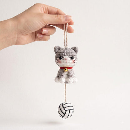Handmade Crochet Cat Rearview Mirror Charm with Yarn Ball
