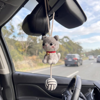 Handmade Crochet Cat Rearview Mirror Charm with Yarn Ball