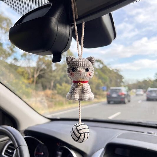 Handmade Crochet Cat Rearview Mirror Charm with Yarn Ball