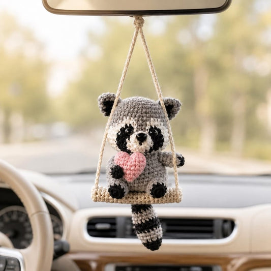 Crochet Raccoon Car Hanger, Heart Rearview Mirror Charm, Cute Amigurumi Auto Decor, Valentine Gift for Her, Friend Gift, Cute Christmas Gift