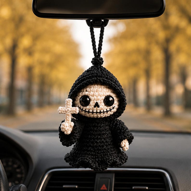 Crochet Halloween Skeleton Car Hanger, Grim Reaper Rearview Mirror Charm, Spooky Auto Decor, Handmade Fall Gift for Driver, Friend Gift