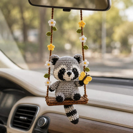 Crochet Raccoon Car Hanger, Floral Swing Rearview Mirror Charm, Cute Amigurumi Auto Decor, Gift for Her, Friend Gift, Cute Christmas Gift
