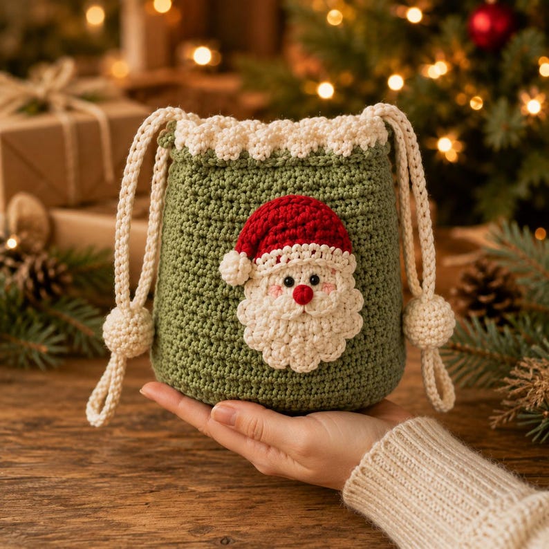 Crochet Christmas Crossbody Pouch, Handmade Holiday Drawstring Bag, Santa Snowman Reindeer Tree Bag, Christmas Gift