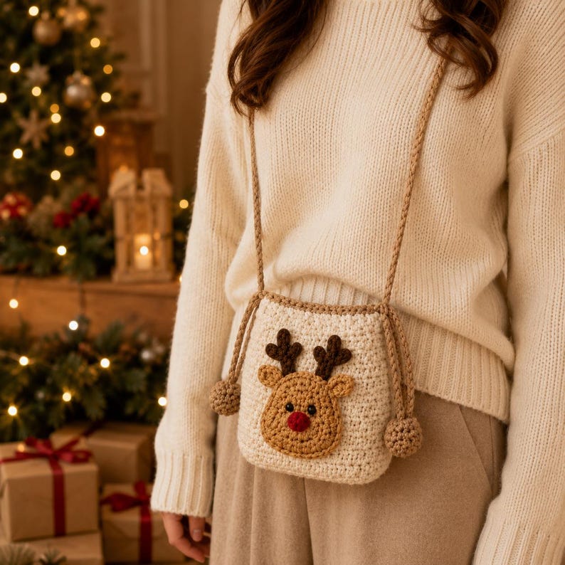 Crochet Christmas Crossbody Pouch, Handmade Holiday Drawstring Bag, Santa Snowman Reindeer Tree Bag, Christmas Gift