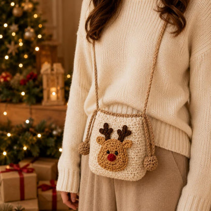 Crochet Christmas Crossbody Pouch, Handmade Holiday Drawstring Bag, Santa Snowman Reindeer Tree Bag, Christmas Gift