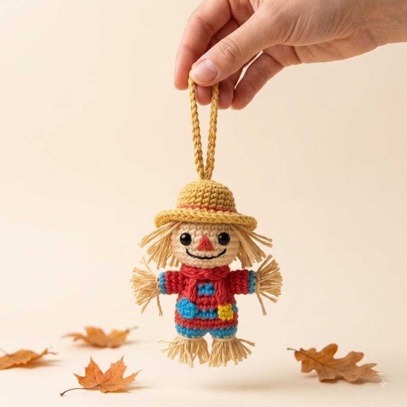 Crochet Scarecrow Car Charm | Fall Rear View Mirror Ornament | Amigurumi Autumn Hanging Accessory