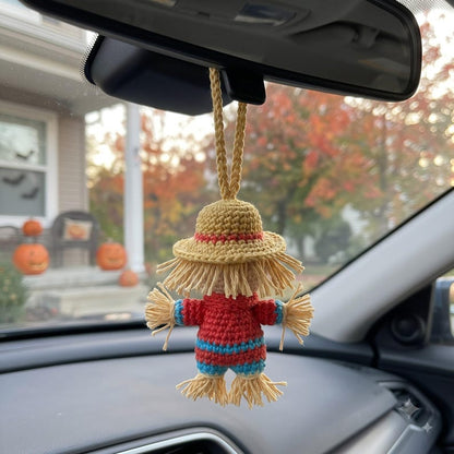 Crochet Scarecrow Car Charm | Fall Rear View Mirror Ornament | Amigurumi Autumn Hanging Accessory