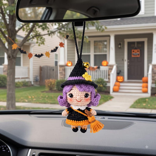 Crochet Halloween Witch Car Charm | Kawaii Amigurumi Doll Rear View Mirror Accessory | Witch Hat Broom Jingle Bell Pendant