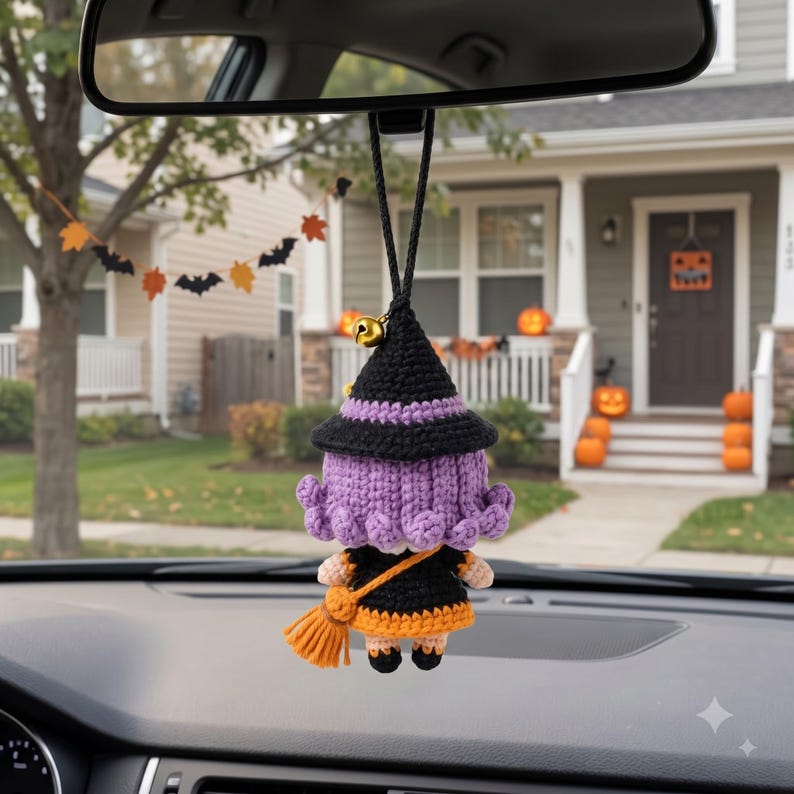 Crochet Halloween Witch Car Charm | Kawaii Amigurumi Doll Rear View Mirror Accessory | Witch Hat Broom Jingle Bell Pendant