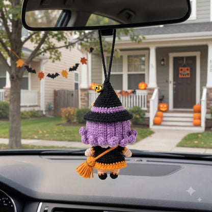 Crochet Halloween Witch Car Charm | Kawaii Amigurumi Doll Rear View Mirror Accessory | Witch Hat Broom Jingle Bell Pendant