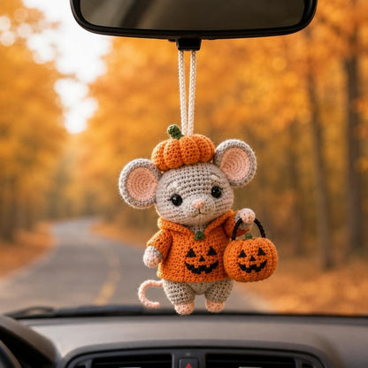 Halloween Crochet Mouse Charm, Pumpkin Mouse Hanging Ornament, Cute Amigurumi Car Accessory, Fall Rearview Mirror Decor, Autumn Gift