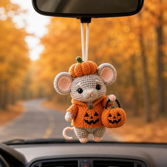 Halloween Crochet Mouse Charm, Pumpkin Mouse Hanging Ornament, Cute Amigurumi Car Accessory, Fall Rearview Mirror Decor, Autumn Gift
