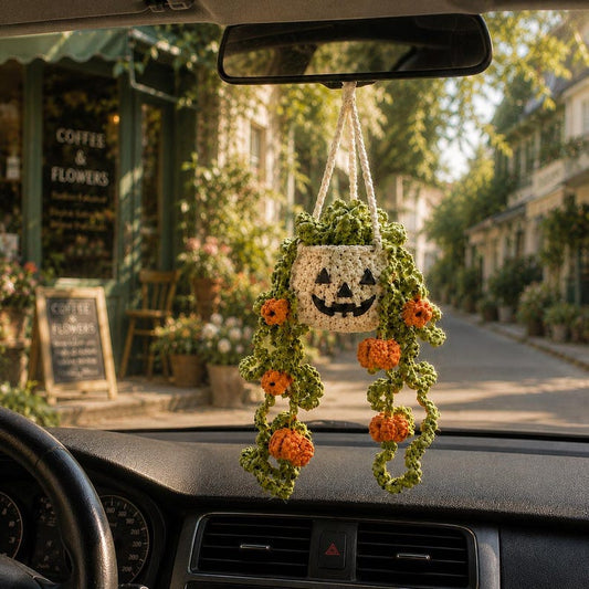 Halloween Crochet Car Hanging Plant, Pumpkin Rear View Mirror Charm, Essential Oil Diffuser Hanging, Plant Lover Gift