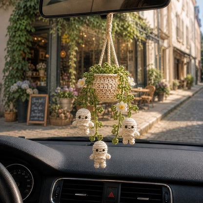 Halloween Mummy Daisy Plant Crochet Car Hanging, Halloween Car Charm, Spooky Cute Plant Car Ornament, Handmade Car Accessory