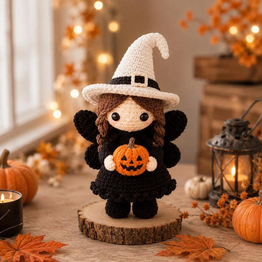 Handmade Crochet Witch Doll, Cute Halloween Amigurumi Fairy, Mini Witch Decor, Spooky Season Gift, Fall Desk Decor, Witch Lover Gift